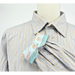 Visconti Mens Button Up Shirt 2XL Blue Tan Striped Mercerized Cotton Floral Trim